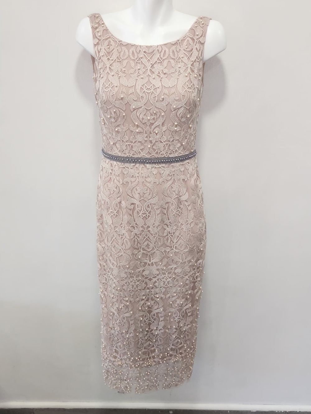 Beaded Lace Sheath Dress in Light Blush